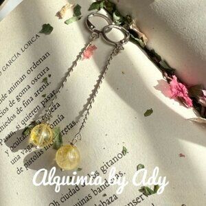 Minimalist 2' dangle long silver earrings yellow citrine gemstone